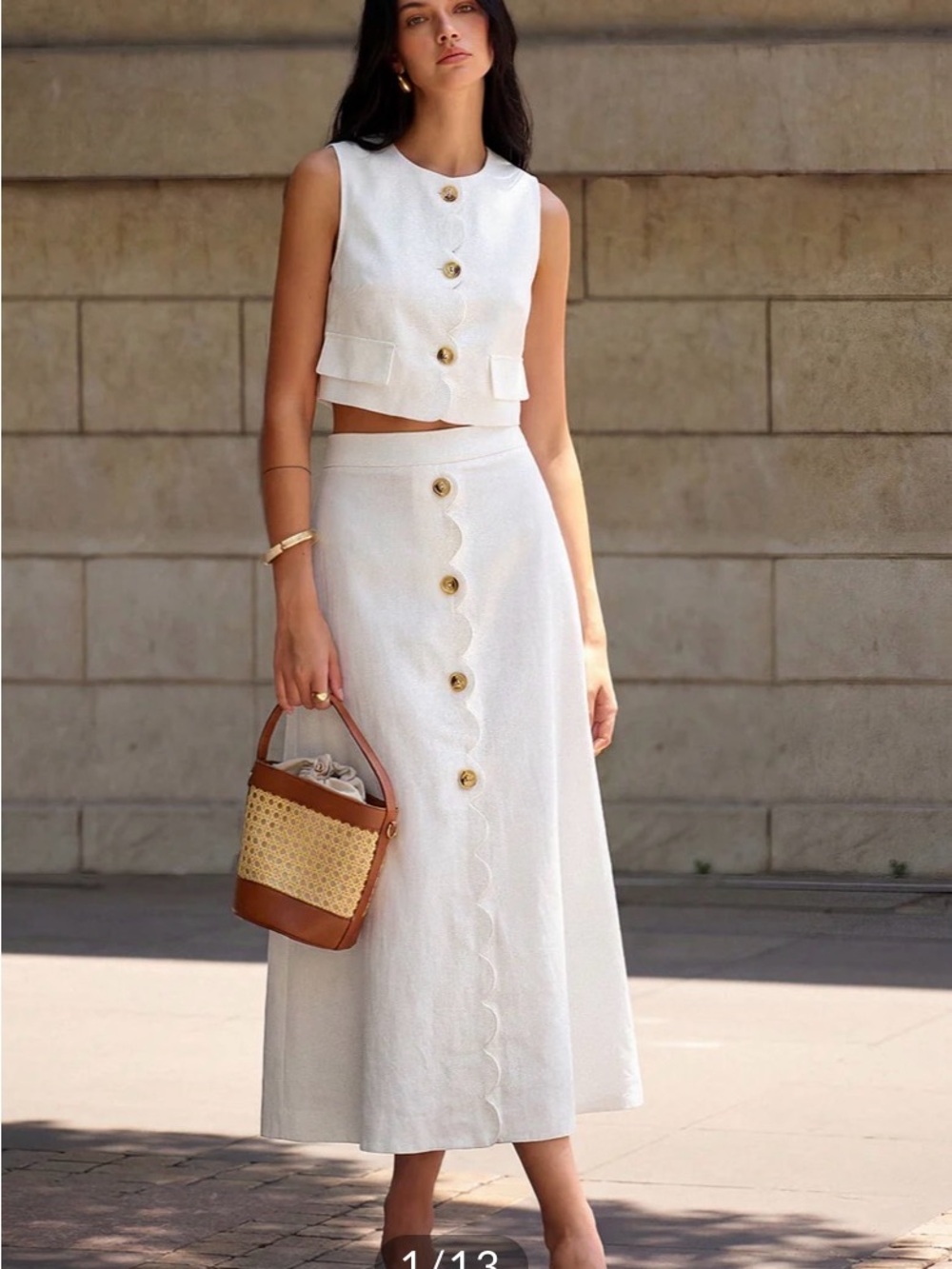 Commense cotton linen scallop trim vest & skirt set